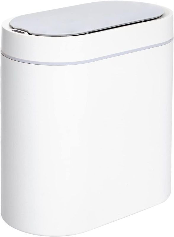 Photo 1 of Bathroom Trash Can with Lid - SYNCVIBE 2 Gallon Slim Motion Sensor Garbage Can Narrow Automatic Plastic Trash Bin for Bedroom, Living room, Toilet, Office (White)
