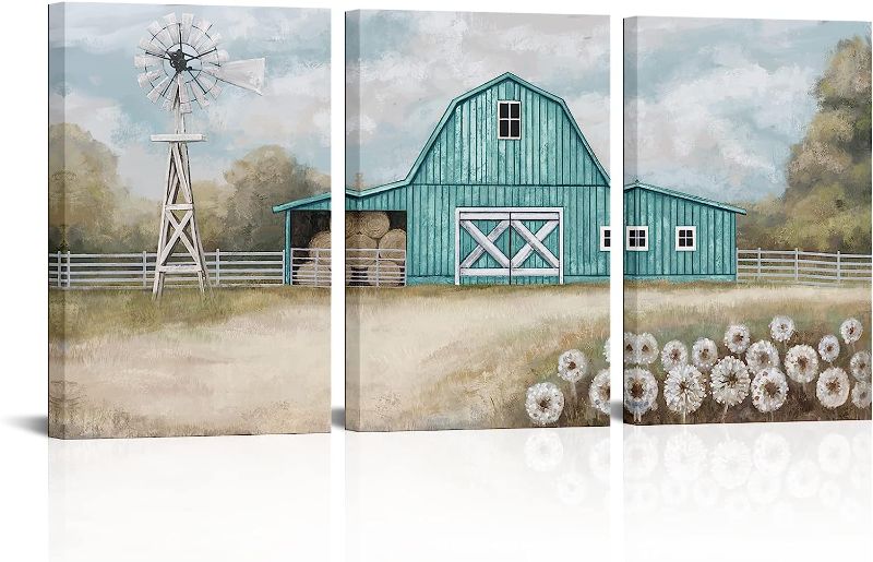 Photo 1 of AtGoWac Farmhouse Barn Pictures Farmhouse Wall Decor Rustic Teal Barn Country Windmill Wall Art Framed Canvas Prints Ready to Hang Farmhouse Decor (16inchx24inchx3Panels)
