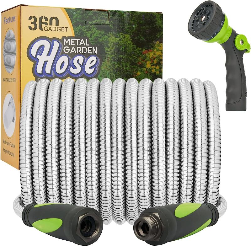 Photo 1 of 360Gadget Garden Hose - Water Hose 50 FT with Swivel Handle & 8 Function Nozzle, Flexible, Heavy Duty, No Kink, Lightweight Metal Hose for Outdoor, Yard, 304 Stainless Steel
