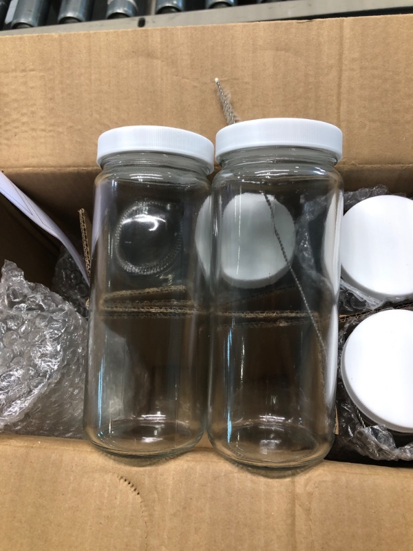 Photo 4 of [ 8 Pack ] 16 OZ Glass Juicing Bottles w Airtight Lids & 2 Straws & 2 Lids w Hole - Reusable Drinking Jars, Travel Water Cups - Tall Mason Jar for Juice, Boba, Smoothie, Tea, Kombucha, Homemade Drinks Style-1-White Lids