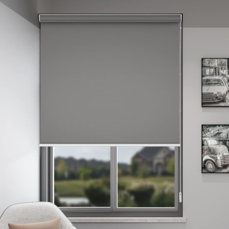 Photo 1 of  Corded Blackout Roller Shades, Room Darkeing Roller Blinds for Windows, Rolled Up Window Shades, Light Blocking/UV Protection, Easy Installation(light Grey)
