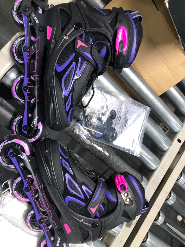 Photo 3 of 2PM SPORTS Vinal Girls Adjustable Flashing Inline Skates, All Wheels Light Up, Fun Illuminating Skates for Kids and Men- Azure Small (1Y-4Y US) Violet & Magenta Large - Youth (4-7 US)