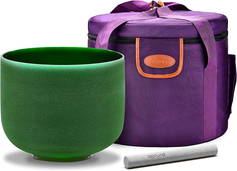 Photo 1 of ***GREEN*** TOPFUND Perfect Pitch F Note Crystal Singing Bowl Heart Chakra 10 inch with Heavy Duty Carrying Case and Singing Bowl Suede Striker 10 inch 440Hz F Note