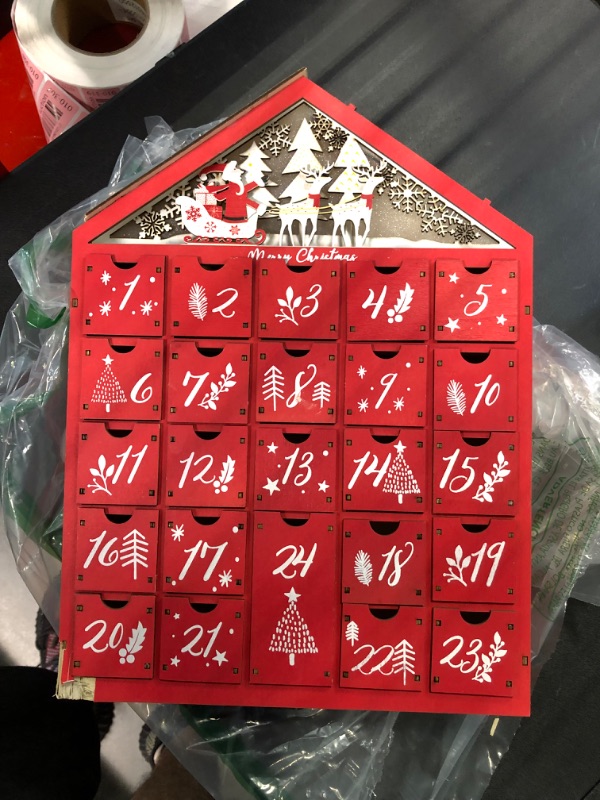 Photo 3 of MorTime 24 Day Red House Advent Calendar with Lighted Reindeer Sled Christmas Tree Snowflake, Lighted Wooden Countdown to Christmas Calendar Decoration with 24 Storage Drawers