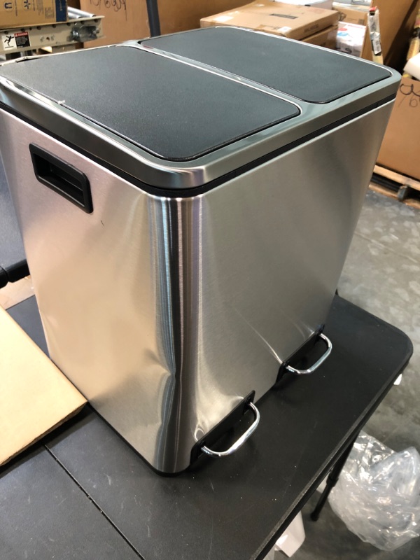 Photo 2 of AWENN Home & Kitchen Garbage Can. Dual Stainless Steel Can with Lids. Large Dustbin with 2 Inner Plastic Compartments for Trash and Recycling. 7.9 Gallons