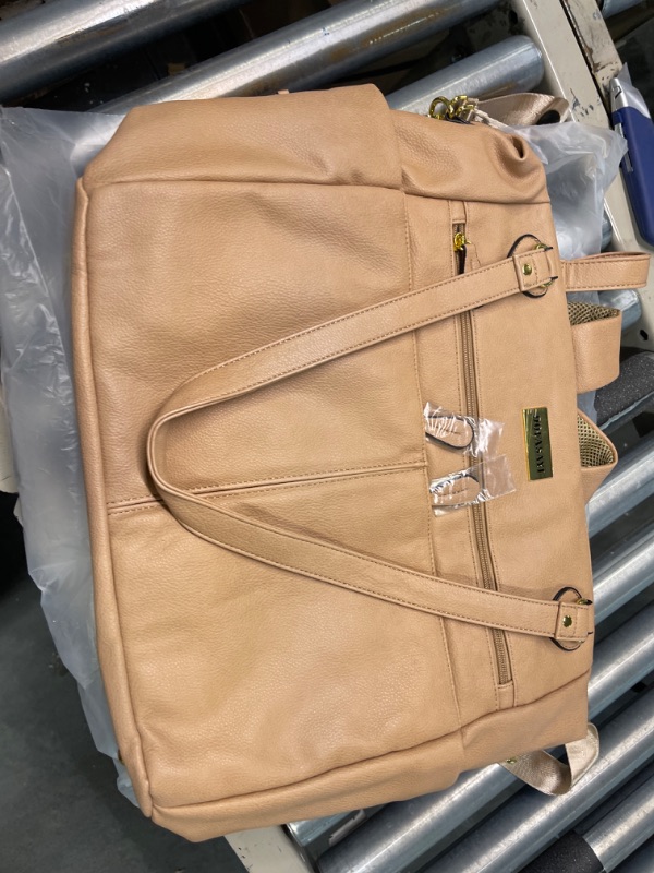 Photo 2 of DOFASAYI Leather Diaper Bag - Fashionable Atmosphere Leather Diaper Bag Backpack for Mom and Dad, Diaper Bag Tote with Changing Pad, Cosmetic Bag, Messenger Strap, Stroller Hook, Beige Faux Leather Apricot Color