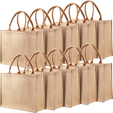 Photo 1 of 10 Pack Burlap Tote Bag Set Jute Tote Bags with Handles Blank Large Burlap Reusable Grocery Bags Water Resistant for Bridesmaid Gift Travel Shopping DIY Crafts Bags, 15.3 x 12.2 x 5.9 Inches