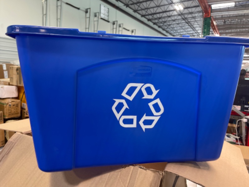 Photo 3 of Rubbermaid Commercial Products, Recycling Bin/Box for Paper and Packaging, Stackable, 18 GAL, for Indoors/Outdoors/Garages/Homes/Commercial Facilities, Blue (FG571873BLUE) 18 Gallon Recycling Bin 1 Pack