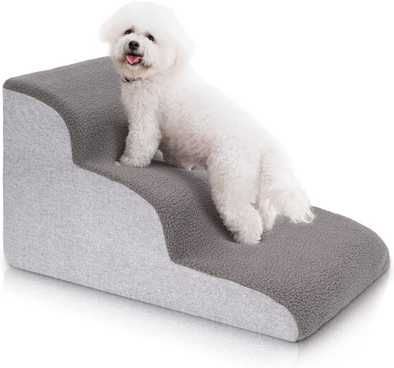 Photo 1 of Uross Dog Stairs for Small Dogs- Dog Steps Stairs Ramps for Bed Couch, High Density Foam Pet Steps Stairs for Dogs to Get on Bed, 3 Tiers Cat Doggy Steps Ramps for Joint Pain Dog(Gray)