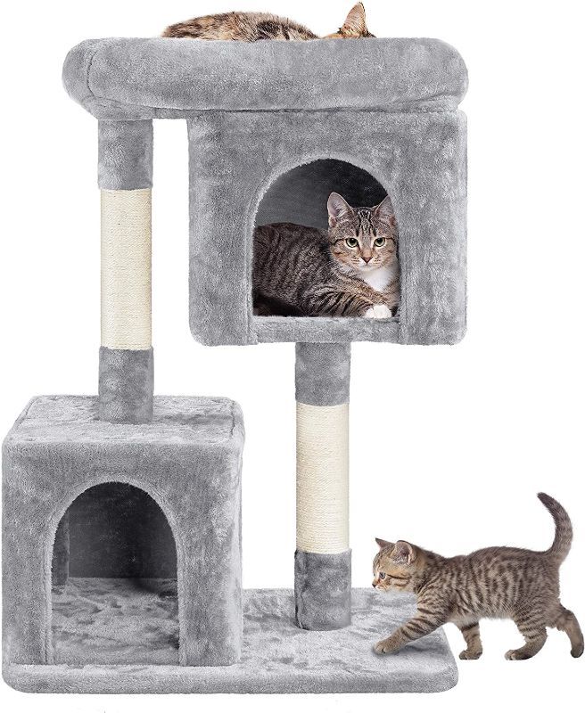 Photo 1 of Yaheetech 33.5in Cat Tree Tower for Indoor Cats w/2 Cozy Plush Condos, Oversized Perch & Sisal Scratching Posts, Stable Cat Stand House for Large Cats & Pets? Light Gray