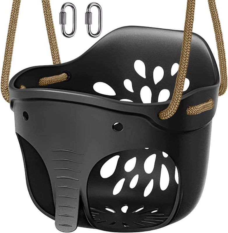 Photo 1 of SELEWARE Heavy-Duty High Back Full Bucket Toddler Swing Seat with Locking Carabiners and Adjustable Rope, Cute Elephant Shape Design, 600LB Weight Limit (Bucket Swing, Black)