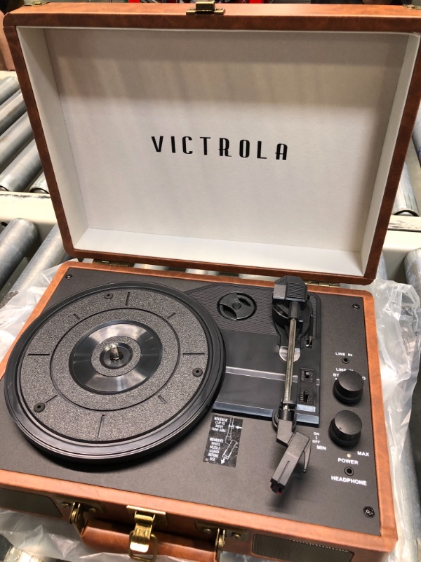 Photo 4 of Victrola Vintage 3-Speed Bluetooth Portable Suitcase Record Player with Built-in Speakers | Upgraded Turntable Audio Sound| Includes Extra Stylus | Brown Brown Record Player