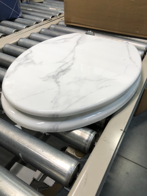 Photo 4 of Angel Shield Marble Toilet Seat Durable Molded Wood with Quiet Close,Easy Clean?Quick-Release Hinges (Elongated,White Marble) Elongated-18.5” White Marble-Elongated