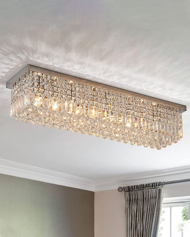 Photo 1 of 7PM Rectangular Chandelier, Modern Dining Room Light Fixture with Luxury K9 Raindrop Chandelier Crystals, 6 Lights Flush Mount Rectangle Chandelier for Kitchen, Living Room, L31.5'' x W10'' x H10''