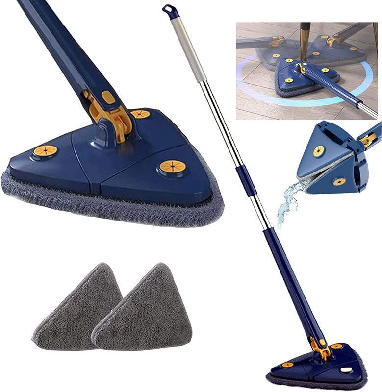 Photo 1 of 360 Rotatable Adjustable Cleaning Mop, Shine Mop Triangle The Original Triangle Mop 360° Swivel, Shinemop 360° Rotatable Adjustable Triangle Cleaning Mop (Blue+2mop Heads)