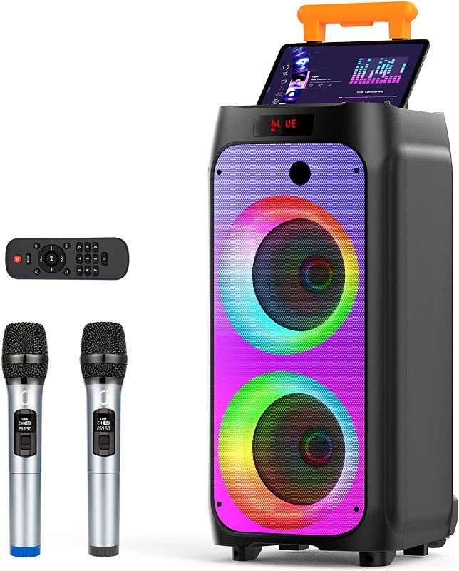 Photo 1 of Karaoke Machine with 2 Wireless Microphones for Adults, Portable Bluetooth Speaker with Wheels and Disco Lights, Big Subwoofer PA System, Party Karaoke Speaker Support TWS/USB/TF Card/AUX/REC