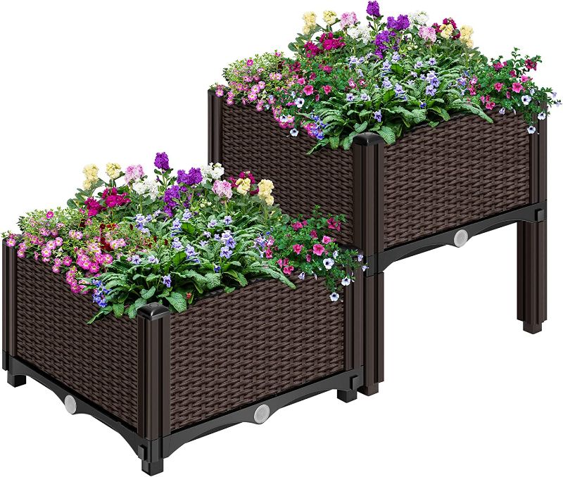 Photo 1 of 2 Packs Elevated Plastic Raised Garden Bed Planter Kit, Outdoor Planters Above Ground Flower Vegetable Standing Planter Box for Patio Deck Porch W/Drainage Holes