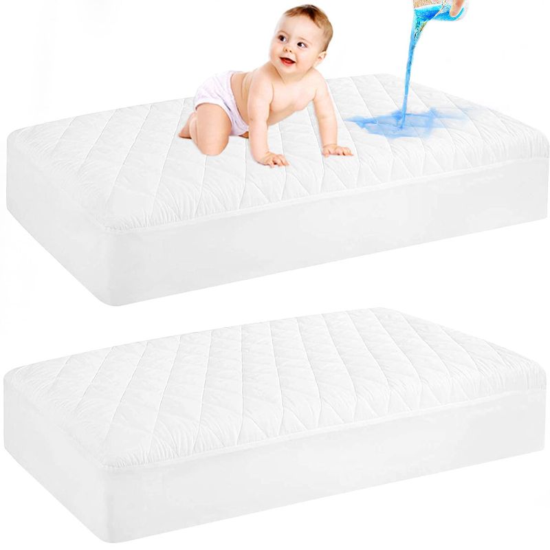 Photo 1 of GRT 2 Pack Waterproof Crib Mattress Protector, Quilted Baby Mattress Cover Fitted Deep Pocket from 4" up to 9", Extra Soft Breathable & Noiseless Toddler Mattress Pad 52"x28", White