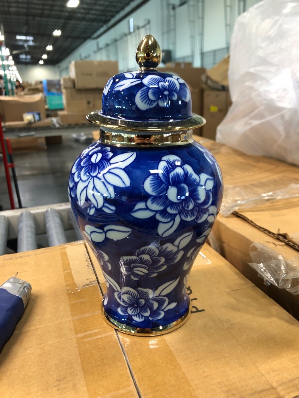 Photo 4 of BALIOS Decor Handmade Gold Trim Blue and White Porcelain Peony Flowers Ginger Jar with Lid, 9.1”H x 4.9”W, Decorative Ceramic Bud Vase for Home Décor Blue and White Peony With Gold Trim