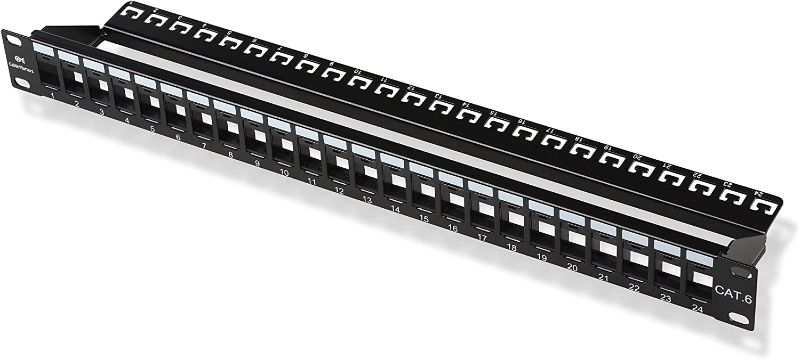 Photo 1 of  Rackmount or Wall Mount 1U 24 Port Keystone Patch Panel with Cable Management and Support Bar (19-inch Blank Patch Panel for Keystone Jacks/Keystone Panel)