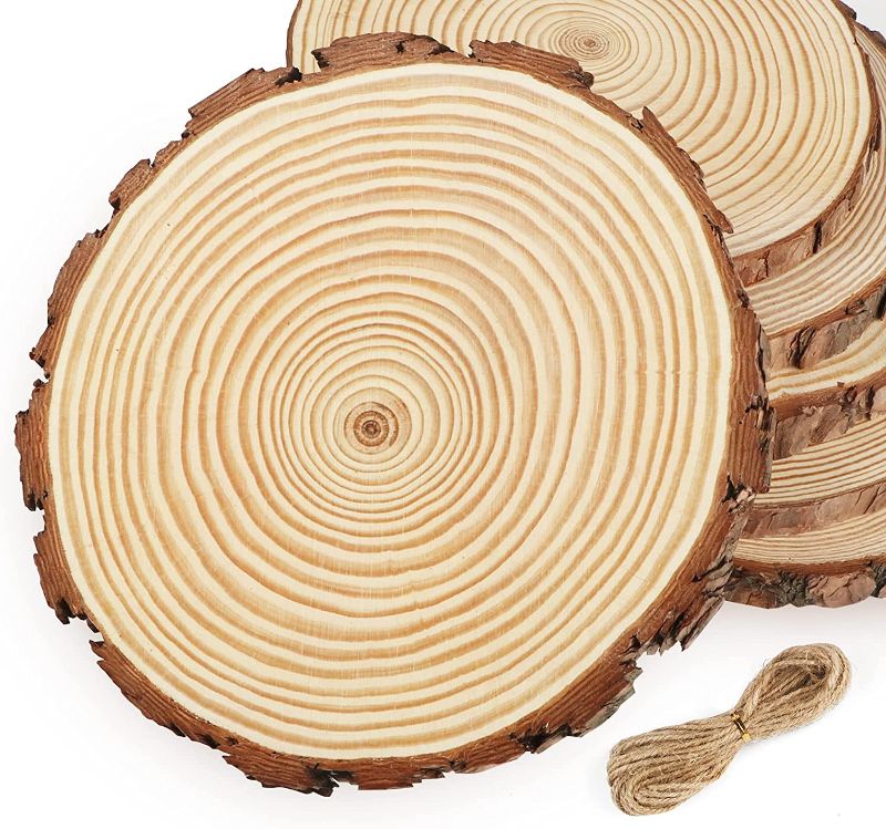 Photo 1 of  6PCS 8-9 Inch Rustic Wood Slices Centerpieces, Natural Pine Wood Slabs for Table, Unfinished Wood Round Circle Discs with Jute Twine, Perfect for Wedding Decor, Christmas Crafts Ornaments