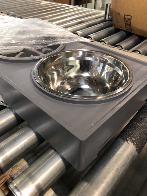 Photo 4 of Elevated Dog Bowls Adjustable Raised Dog Bowl with 2 Stainless Steel with Slow Feeder Bowl Dog Food Bowls Stand Non-Slip No Spill Dog Dish Adjusts to 3 Heights for Small Medium Large Dogs and Cats Grey