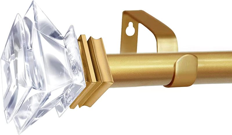 Photo 1 of Adjustable Curtain Rod with Square Crystal Diamond Finials, Single Drapery Rod and Bracket Set(Gold)