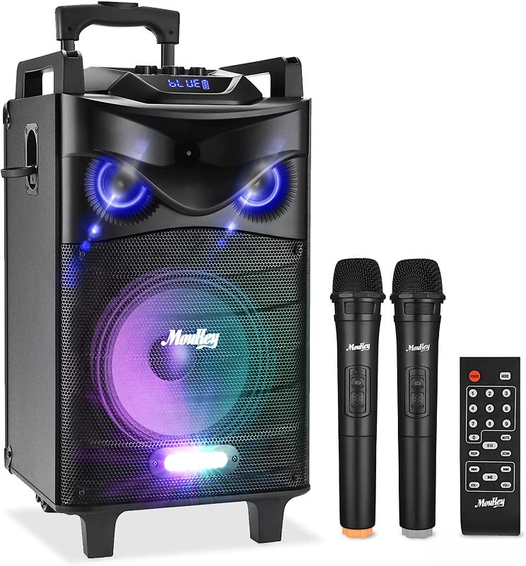 Photo 1 of Moukey Karaoke Machine, PA System with 12" Woofer, Portable Bluetooth Speaker with 2 Wireless Microphones, Party Lights and Echo/Treble/Bass Adjustment, 