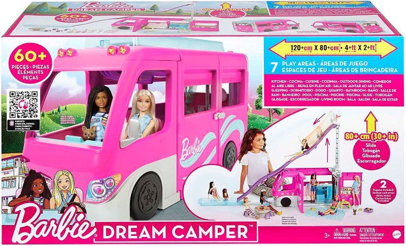 Photo 1 of Barbie Camper Playset, Dreamcamper Toy Vehicle with 60 Accessories Including Furniture, Pool and 30-Inch Slide