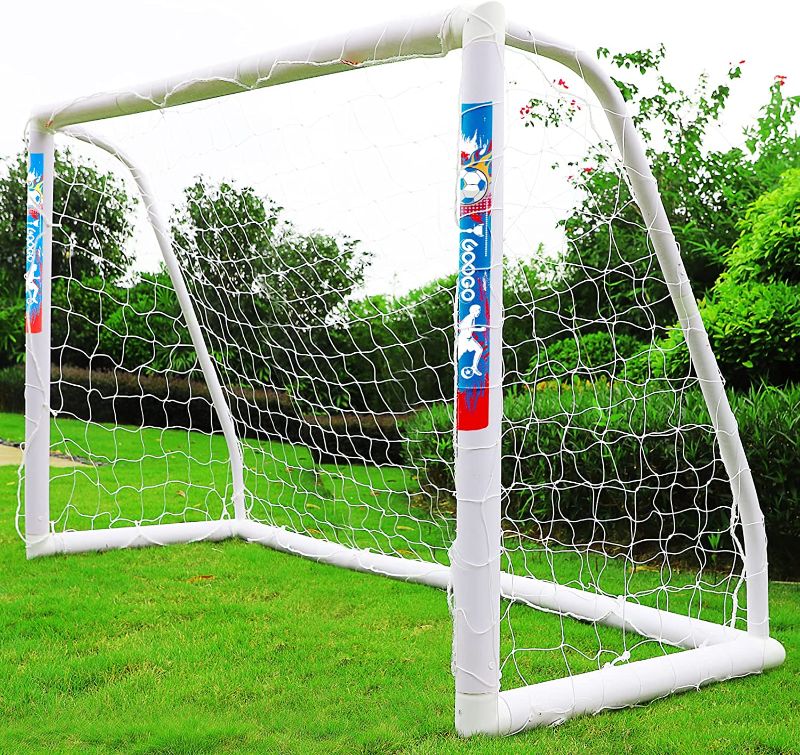 Photo 1 of Googo Portable Soccer Goal with Strong PVC Frame, 6x4ft/ 8x6ft Soccer Net with Carry Bag, 2 High-Strength Nets, Quick Set-up, Weatherproof Soccer Training Equipment for Kids and Adults for Backyard