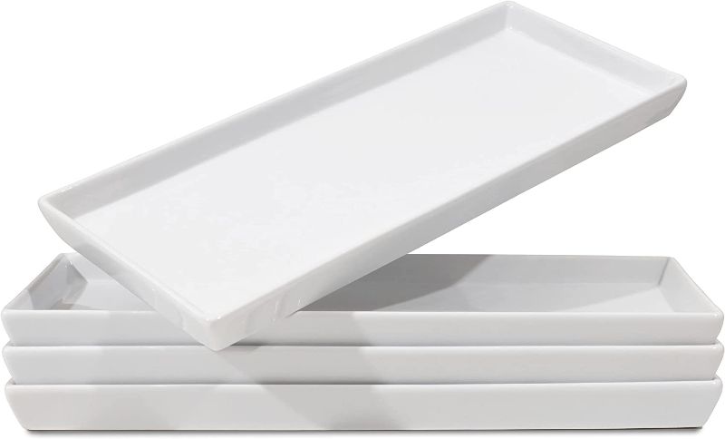 Photo 1 of White Ceramic Serving Platters (16 x 7.5 Inch Rectangle Plates) Serving Dishes for Entertaining, Food, Appetizers, Desserts, Cheese Board, Charcuterie, Sushi - Set of 4 Party Serving Trays