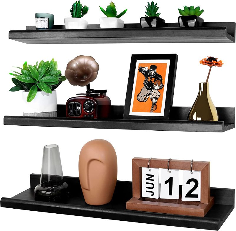 Photo 1 of Annecy Floating Shelves Wall Mounted Set of 3, 24 Inch Black Rustic Wood Shelves for Wall, Wall Storage Shelves with Guardrail Design for Bedroom, Bathroom, Kitchen, Office, 3 Different Sizes