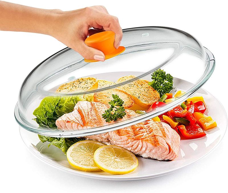 Photo 1 of Bezrat Microwave Glass Plate Cover | Splatter Guard Lid with Easy Grip Silicone Handle Knob | 100% Food Grade | BPA Free and Dishwasher Safe | Fits Plates and Bowls 11 x 2 inches