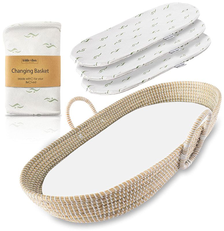Photo 1 of KIDDO VIBES Handwoven Baby Changing Basket with Pad & 3 Waterproof Bamboo Jacquard Covers - Multifunctional CPSC Compliant Organic Seagrass Baby Moses Basket with a Soft Thick Waterproof Changing Pad