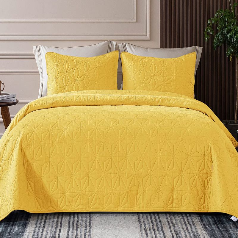 Photo 1 of Whale Flotilla 3-Piece Queen Size Quilt Set/Bedspreads/Coverlets for All Season, Star Pattern Bedding Set with 2 Pillow Shams, Soft and Lightweight, Yellow
