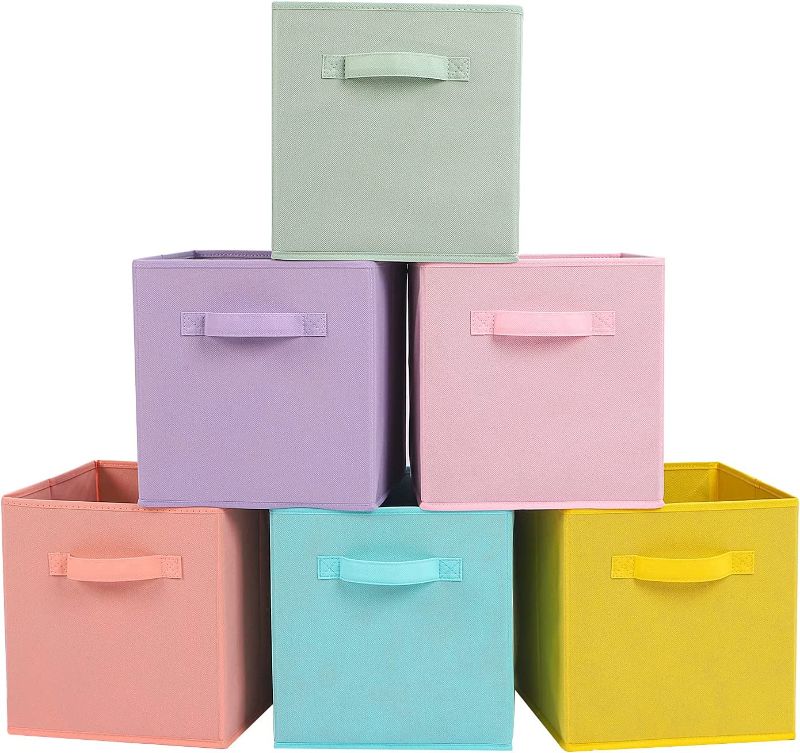 Photo 1 of Stero Fabric Storage Bins 6 Pack Fun Colored Durable Storage Cubes with Handles Foldable Cube Baskets for Home, Kids Room, Closet and Toys Organization Cyan...