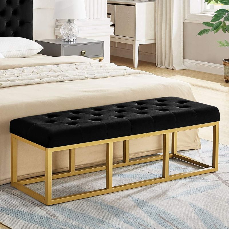 Photo 1 of 24KF Upholstered Tufted Long Bench with Golden Metal Leg, Black Velvet Bench with Padded Seat-Black