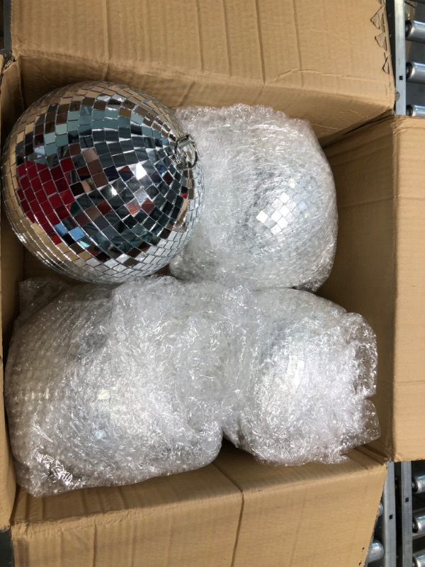 Photo 2 of 4 Pack Large Disco Ball Silver Hanging Disco Balls Reflective Mirror Ball Ornament for Party Holiday Wedding Dance and Music Festivals Decor Club Stage Props DJ Decoration (8 Inch)