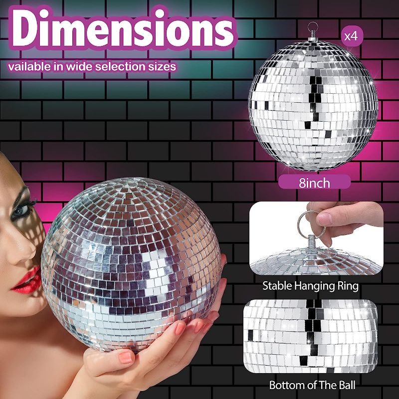 Photo 1 of 4 Pack Large Disco Ball Silver Hanging Disco Balls Reflective Mirror Ball Ornament for Party Holiday Wedding Dance and Music Festivals Decor Club Stage Props DJ Decoration (8 Inch)