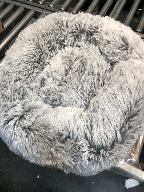 Photo 2 of Calming Donut Dog Bed Medium, Plush Round Cuddler Dog & Cat Bed, Anit-Anxiety Marshmellow Fluffy Faux Fur Cushion( Grey)
