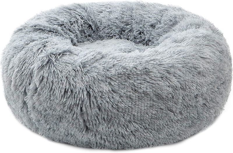 Photo 1 of Calming Donut Dog Bed Medium, Plush Round Cuddler Dog & Cat Bed, Anit-Anxiety Marshmellow Fluffy Faux Fur Cushion( Grey)
