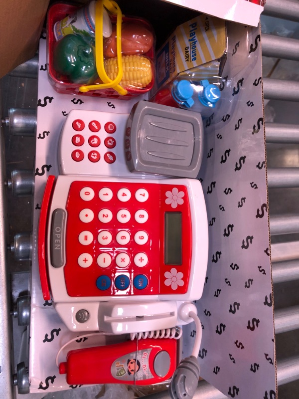 Photo 3 of Toy Cash Register for Kids with Scanner, Play Money, Fake Credit Card, Calculator, Cutting Food & Pot Playset, Hat, Supermarket Grocery Store Pretend Play Cashier Gift for Toddlers Boys Girls R04