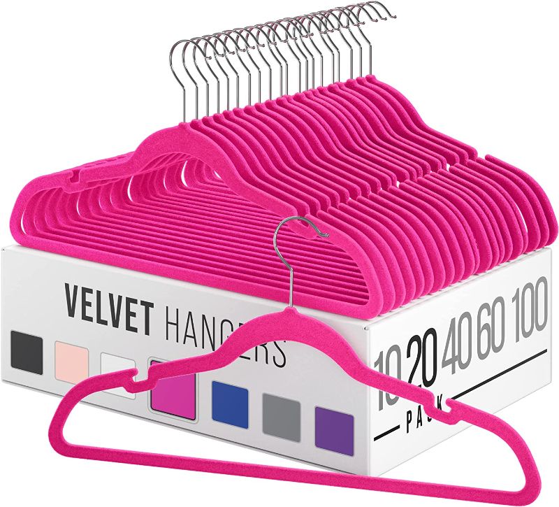 Photo 1 of Velvet Clothes Hangers (10, 20, 40, 60, 100 Packs) Heavy Duty Durable Coat and Clothes Hangers | Vibrant Color Hangers | Lightweight Space Saving Laundry Hangers (20 Pack - Pink)
