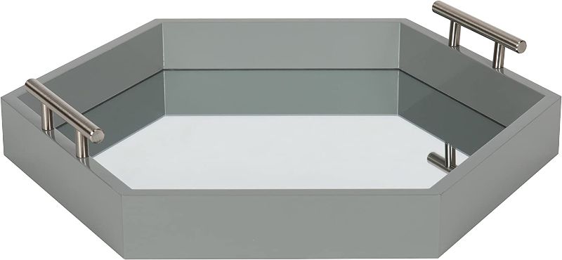 Photo 1 of Kate and Laurel Lipton Hexagon Decorative Mirrored Tray with Polished Metal Handles, Gray and Silver
