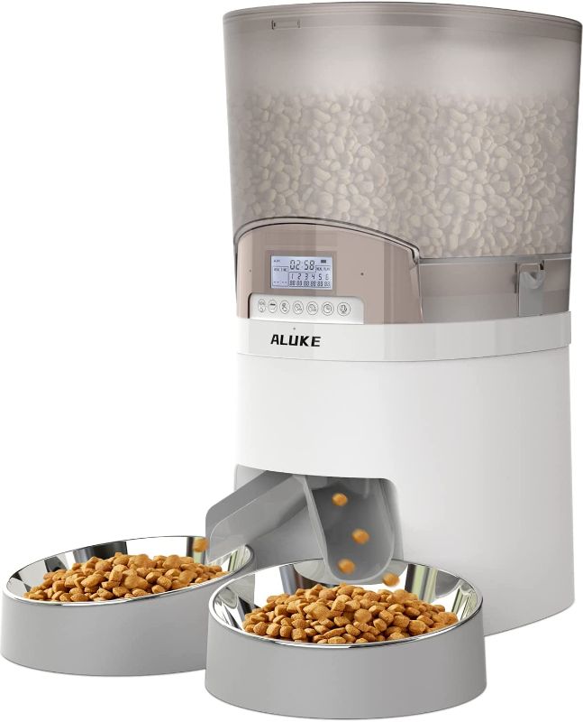 Photo 1 of Automatic Cat Feeder for 2 Cats, ALUKE 6.5L Pet Feeder for Cats & Dogs Dry Food Dispenser with Desiccant Bag, Stainless Steel Bowls & Lock Lid, Dual...
