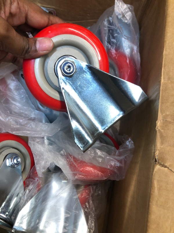 Photo 2 of 8 Pack 4" Caster Wheels Swivel 360 Degree 4 with Brake Swivel and 4 Swivel Plate Combo On Red Polyurethane Wheels with Hardware
