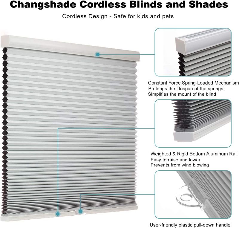 Photo 1 of Changshade Cordless Blackout Cellular Shade, Honeycomb Shade with The Diameter of 1.5 inch Honeycombs, Room Darkening Pleated Window Shade for Bedroom,...
