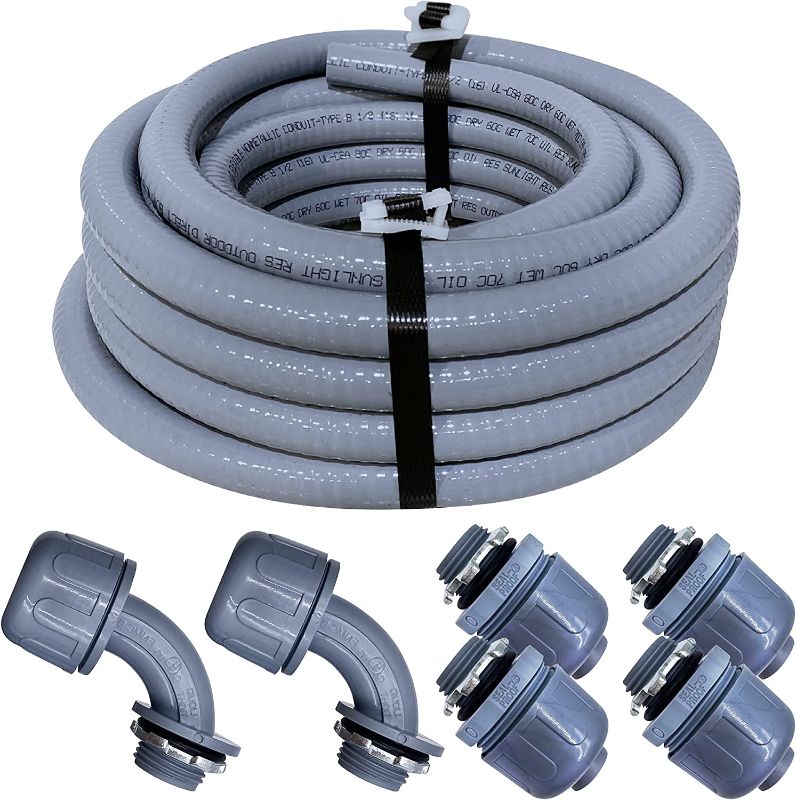 Photo 1 of 
Sealproof 1/2-Inch Non-Metallic Liquid-Tight Conduit and Connector Kit, 25 Foot Made in USA Flexible Electrical Conduit Type B with 4 Straight and 2 90-Degree Conduit Connector Fittings, 1/2" Dia
