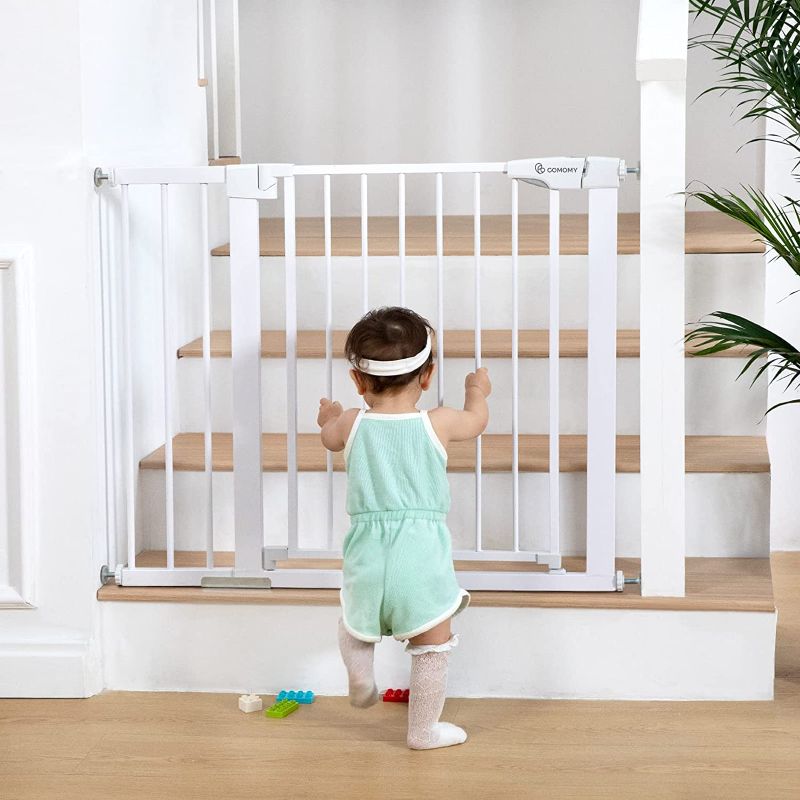 Photo 1 of COMOMY Safety Baby Gate Extra Wide 37.8"-43.3", Auto Close Dog Gate for House Doorways Stairs, Pressure Mounted Easy Walk Through Pet Gate Child Gate, Includes 2.75" and 8.25" Extension, White
