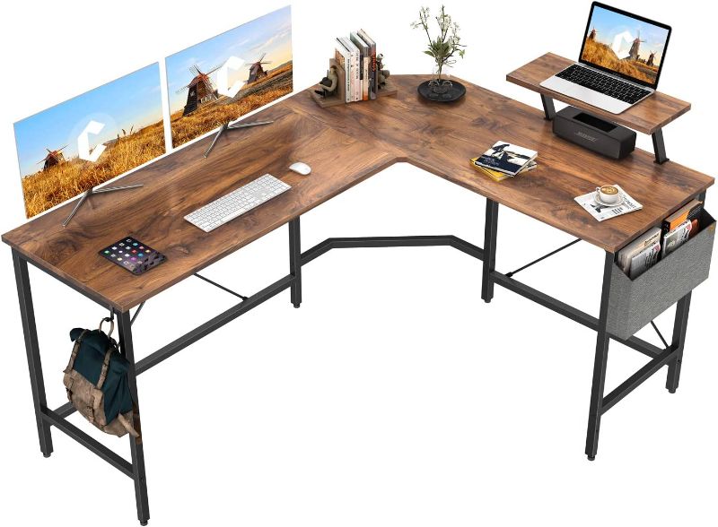 Photo 1 of Cubiker Modern L-Shaped Computer Office Desk, Corner Gaming Desk with Monitor Stand, Home Office Study Writing Table Workstation for Small Spaces